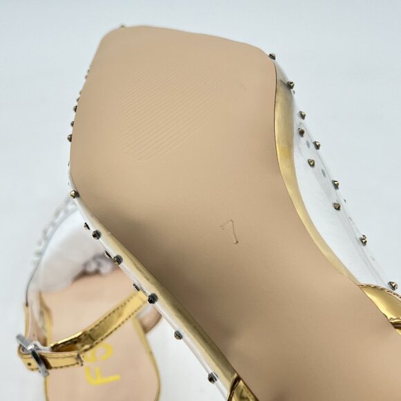 FSJ Gold Crystal Clear Rhinestones Low Heel Slingback Pointed Toe Sandals - Picture 5 of 7